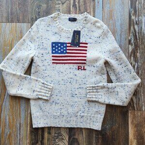 NWT Polo Ralph Lauren American Flag-Intarsia 100% Wool Sweater Crew Neck Beige